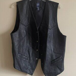 Vintage Gap Black Leather Vest Womens Large 90s Motorcycle Biker Nylon Back